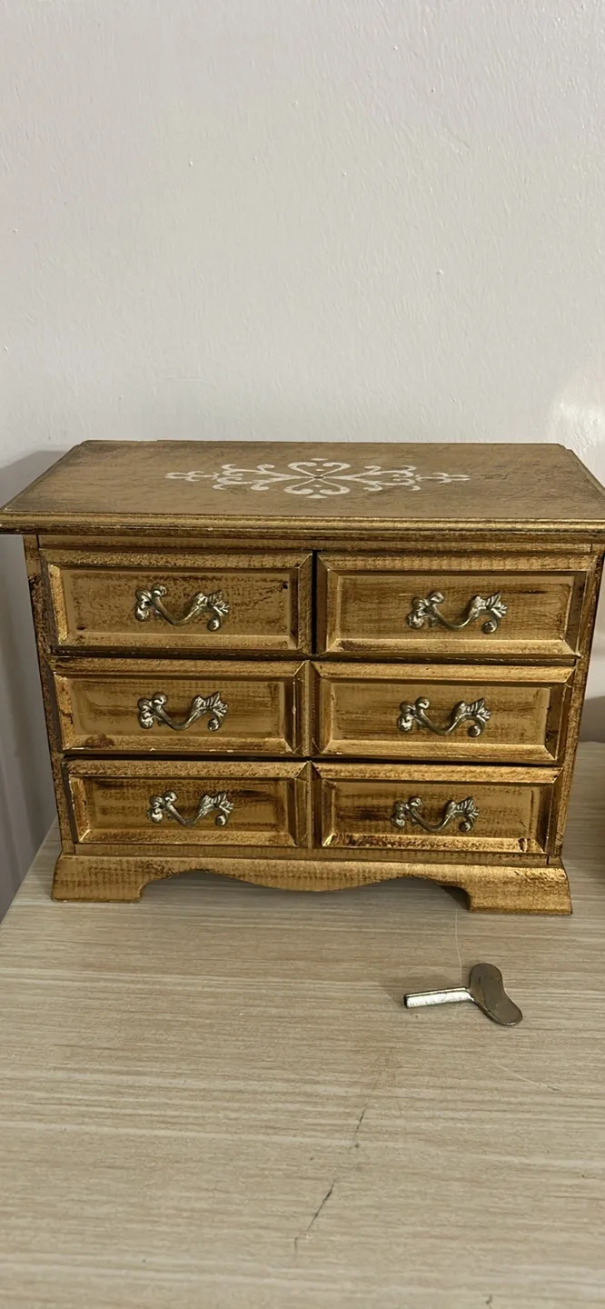Vintage Wooden Jewelry Box with Drawers thumbnail