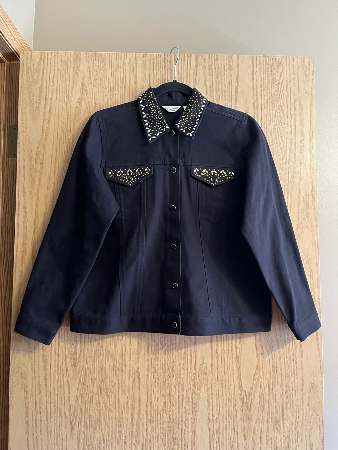 LAURA ASHLEY PETITE STUDDED BLACK JEAN JACKET (Size small) thumbnail