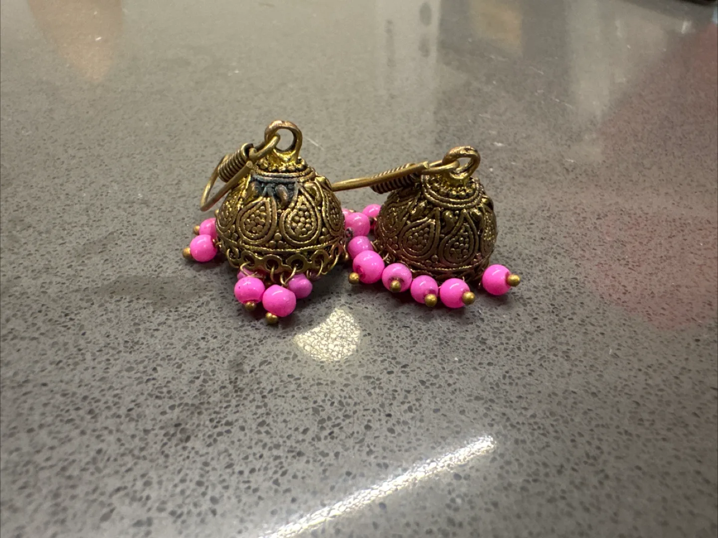 Jhumka Style Earrings - Gold & Pink thumbnail