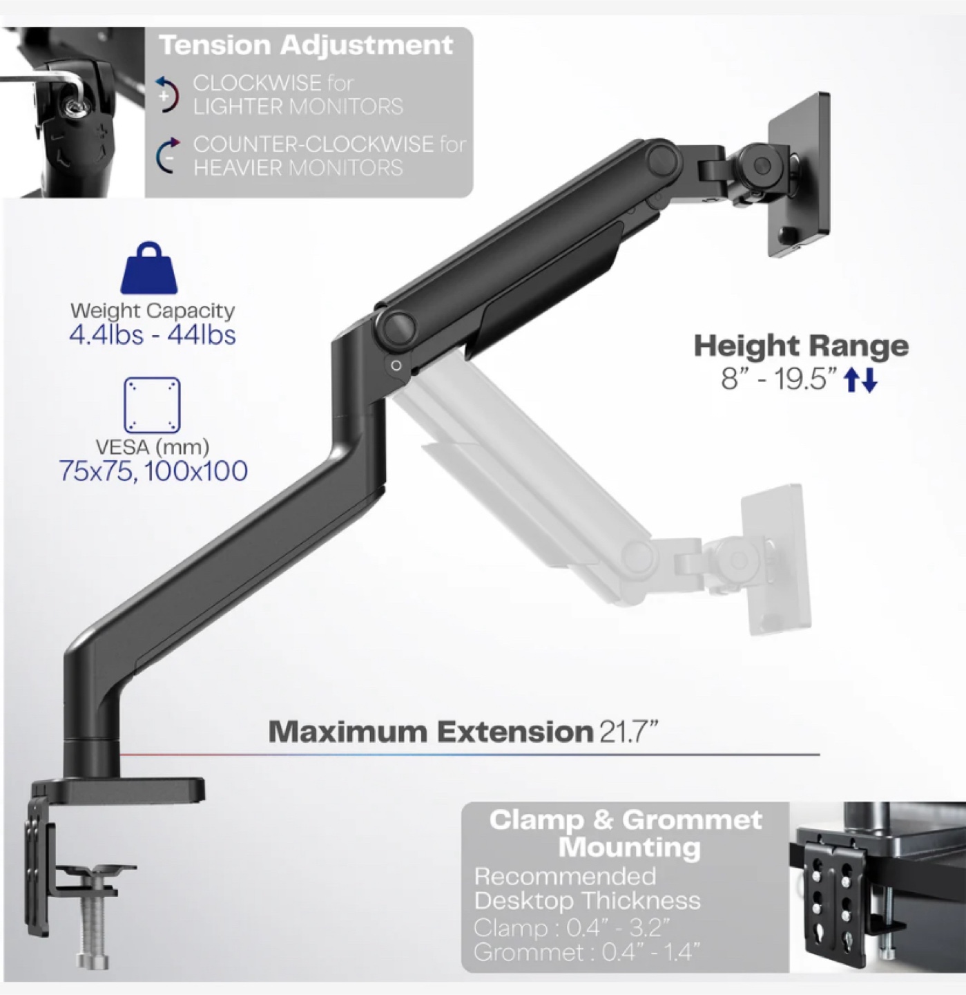 VIVO Single Monitor Desk Mount up to 44” - New - photo 4