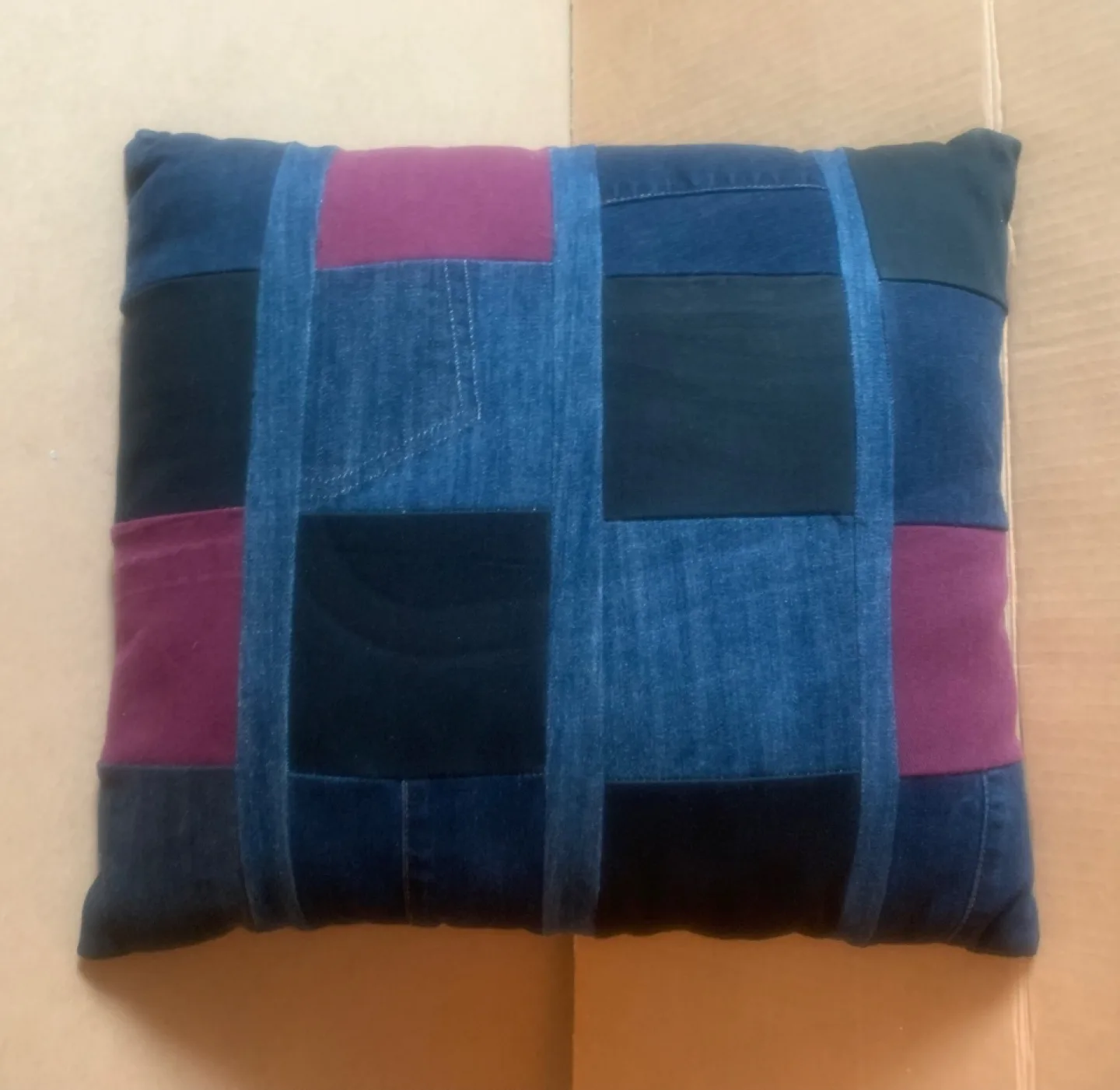 Denim Patchwork cushion - 16" x 17" thumbnail