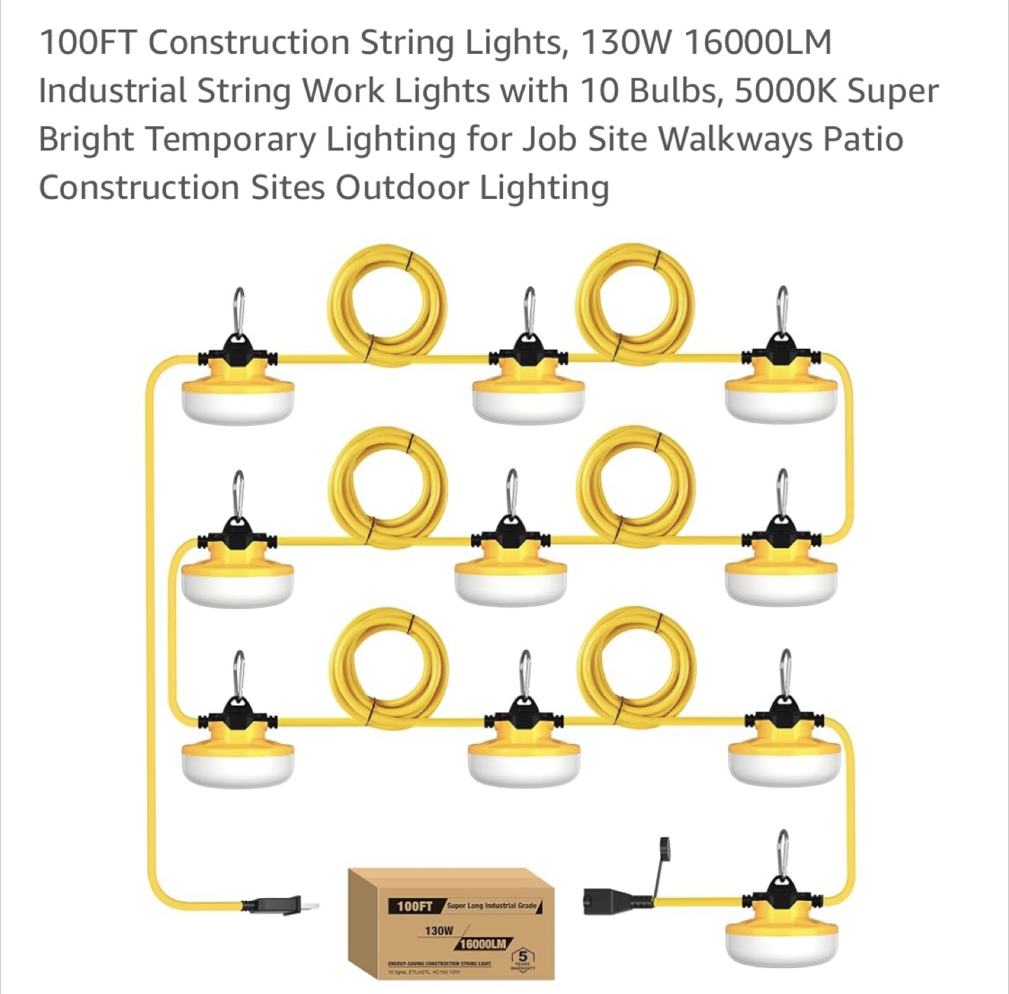 100FT Construction String Lights - 10 Bulbs