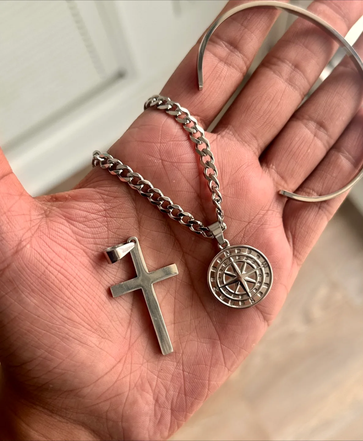 5 MM Cuban link chain, with Compass , Bangle , Cross pendant thumbnail