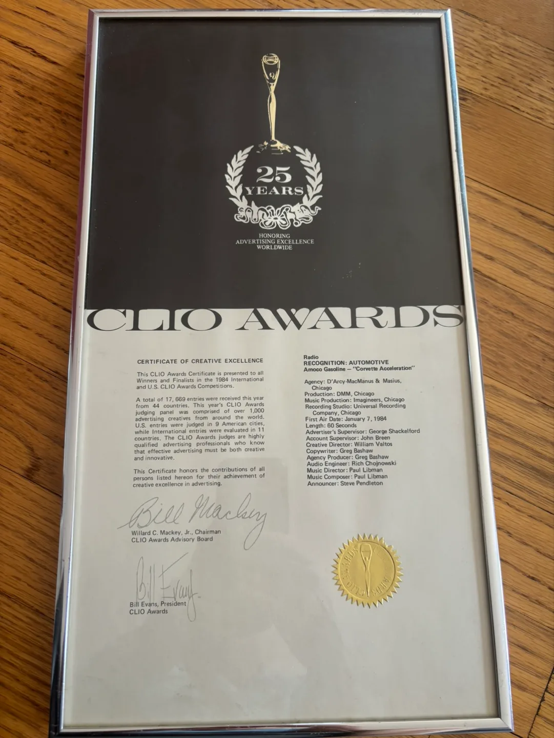 Framed 25 Years Clio Awards Certificate thumbnail