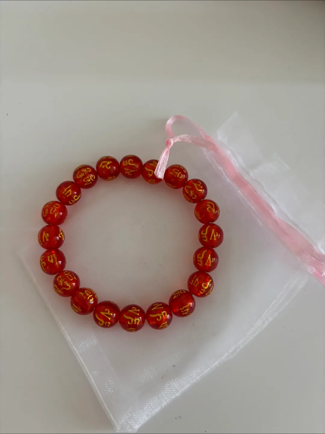 Red Beaded Bracelet with chinese Gold Lettering thumbnail