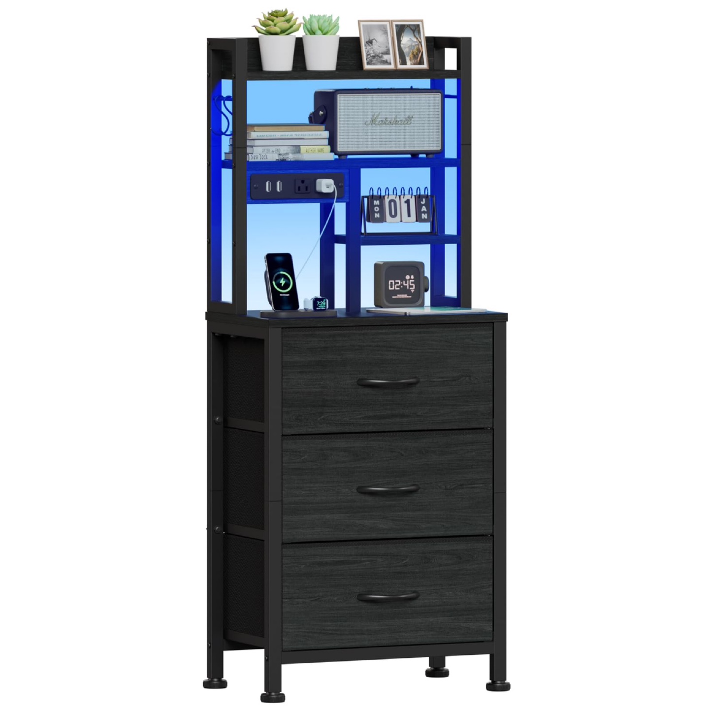 New Furnulem Tall Night Stand 3 Fabric Drawers and LED Lights