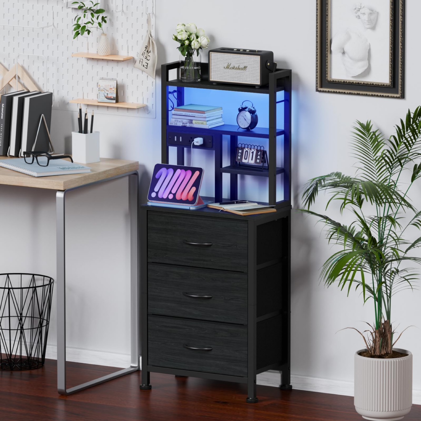 New Furnulem Tall Night Stand 3 Fabric Drawers and LED Lights - photo 2