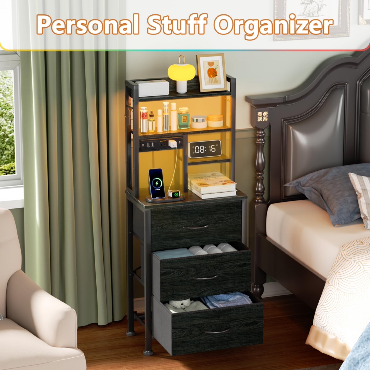 New Furnulem Tall Night Stand 3 Fabric Drawers and LED Lights - photo 4