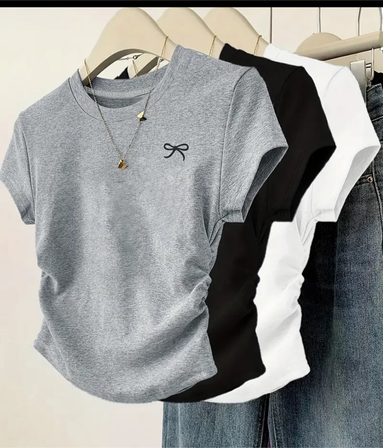 Bow Accent set of 3 T-Shirts - Grey, Black, White