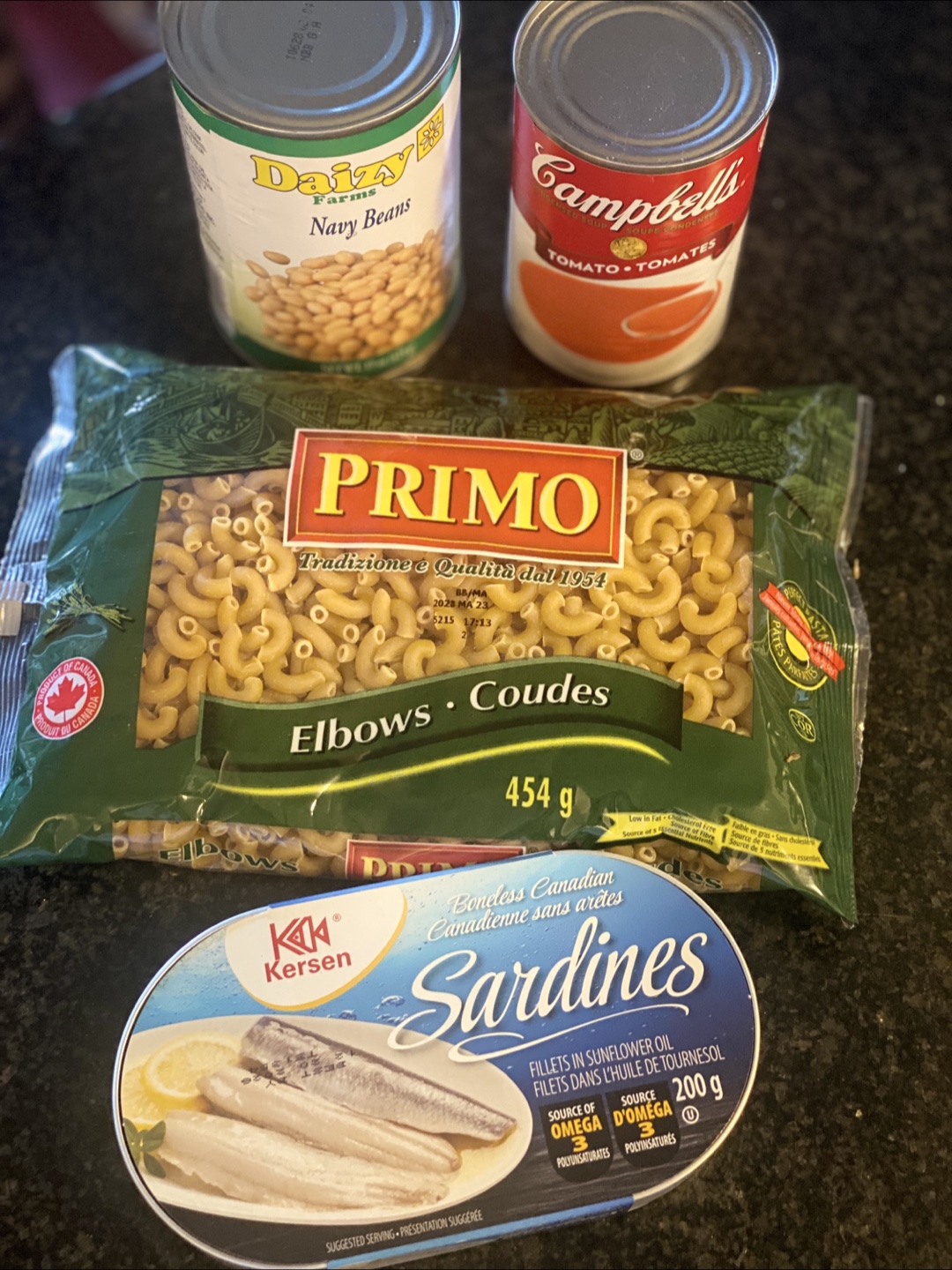 Primo Elbows Pasta, Kersen Sardines, Daizy Navy Beans