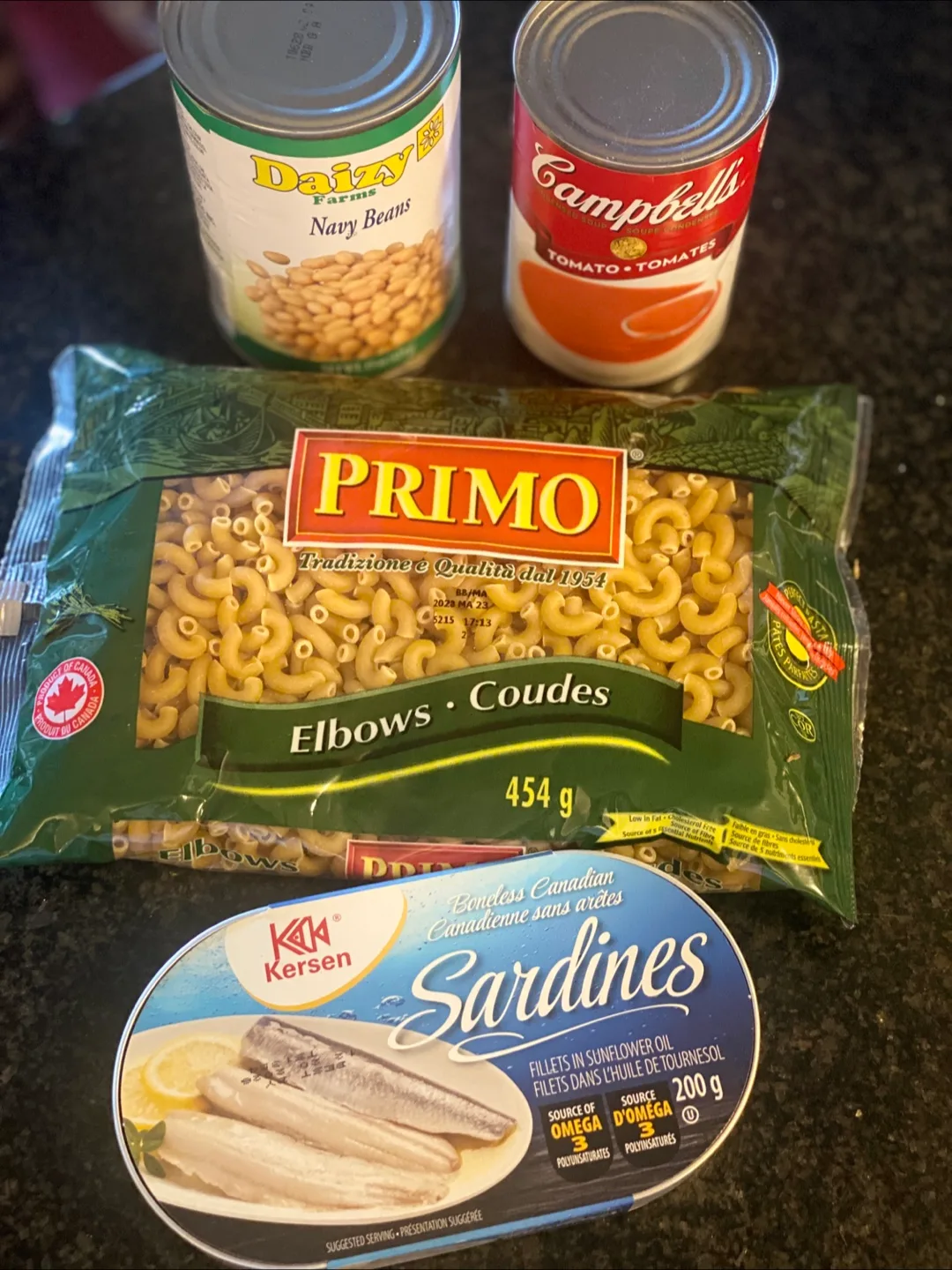 Primo Elbows Pasta, Kersen Sardines, Daizy Navy Beans