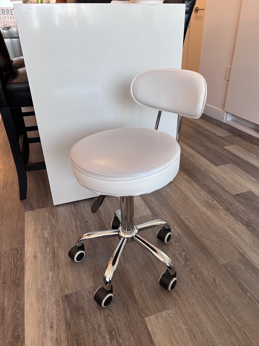 White Rolling Swivel Stool with Backrest - photo 2