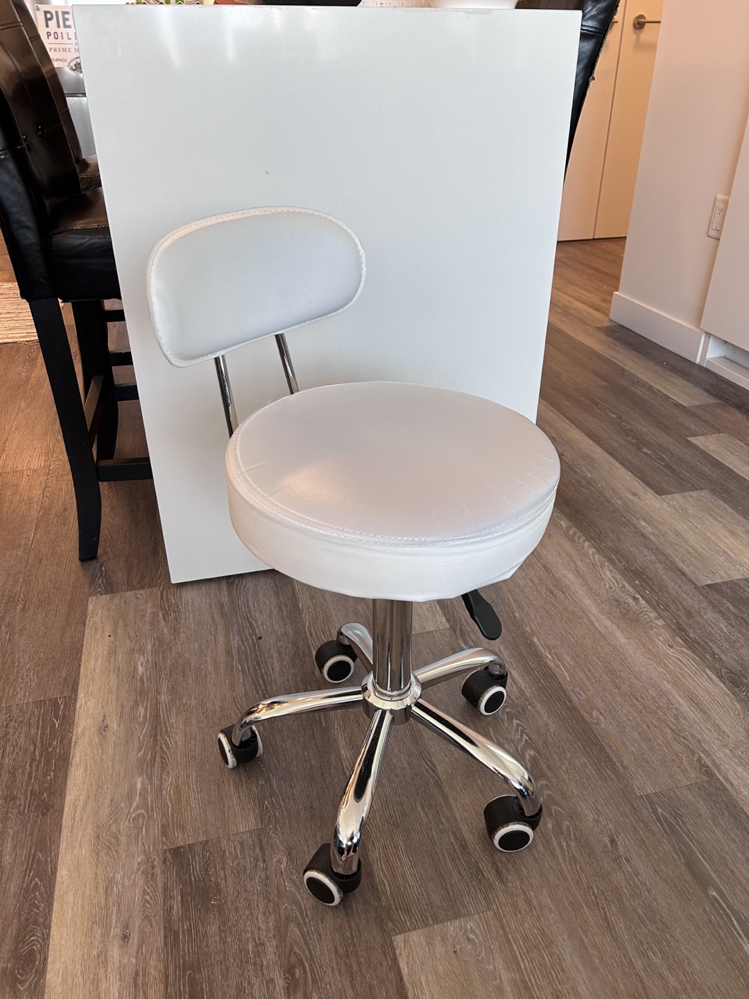 White Rolling Swivel Stool with Backrest