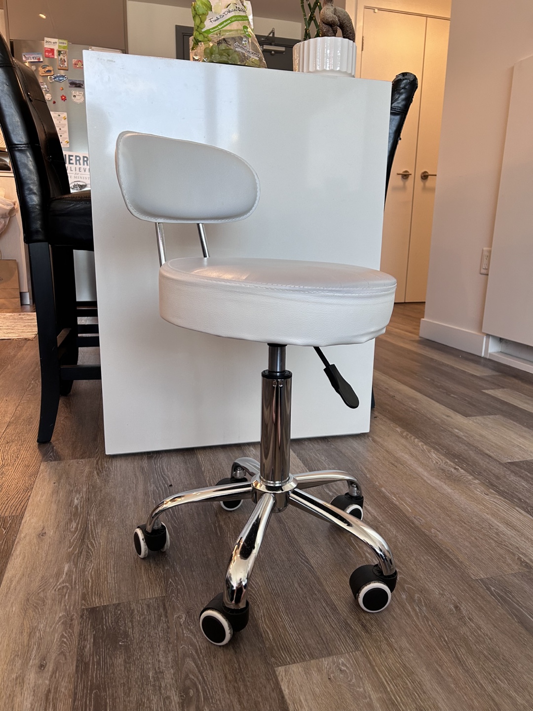 White Rolling Swivel Stool with Backrest - photo 3