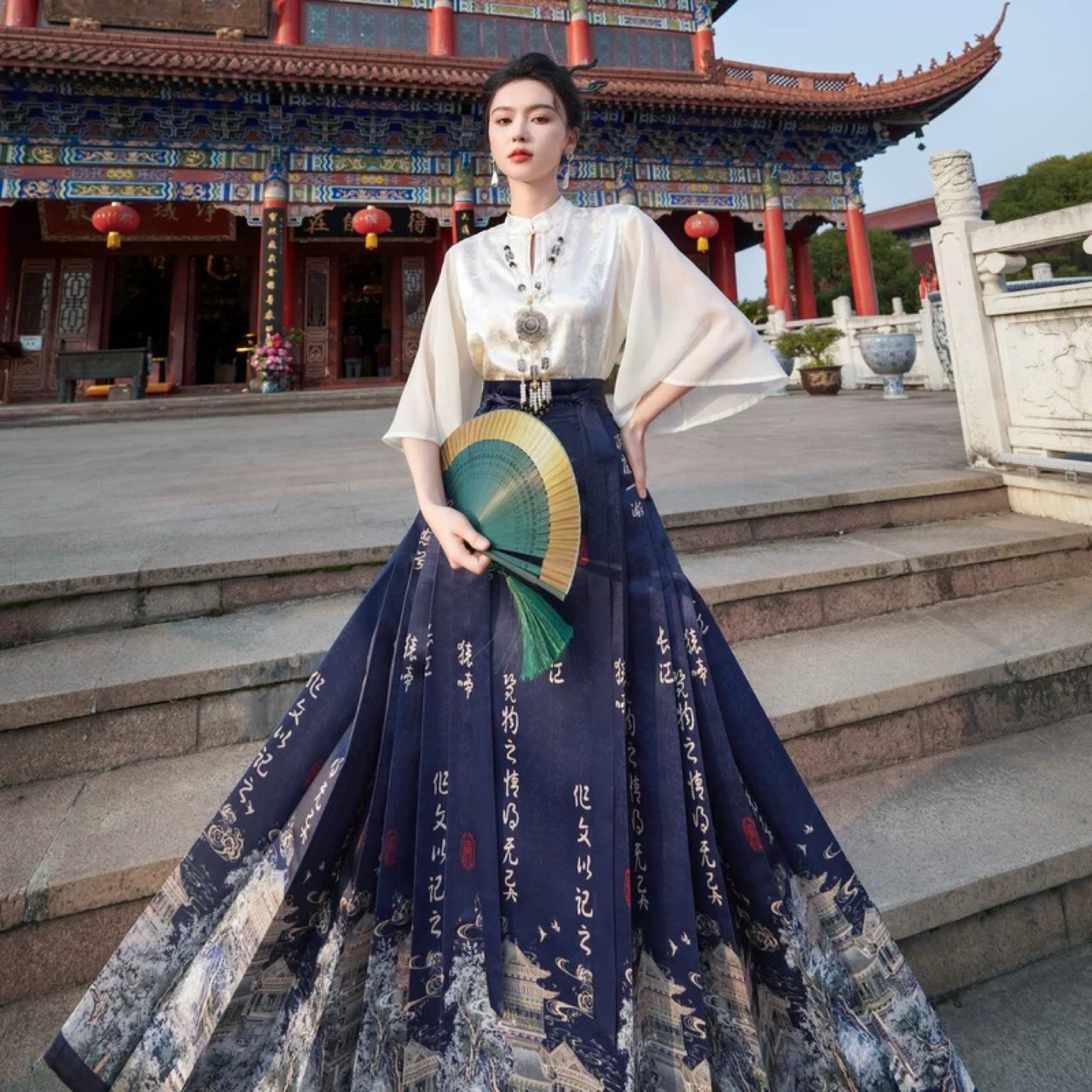Blue Hanfu Skirt with Chinese Landscape Print - photo 4