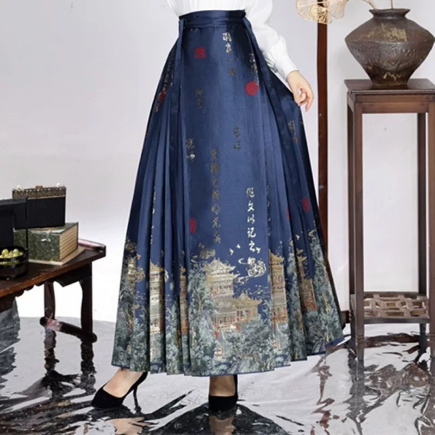 Blue Hanfu Skirt with Chinese Landscape Print - photo 3