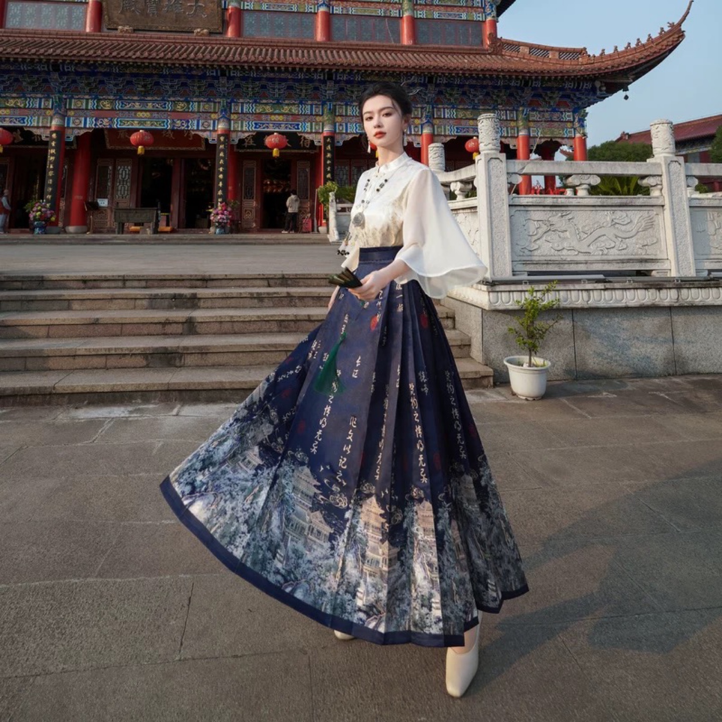 Blue Hanfu Skirt with Chinese Landscape Print - photo 5