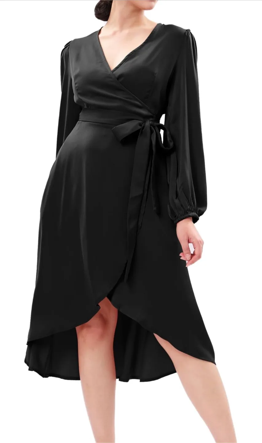 NEW! Xintianji Satin V Neck Wrap Ruffle High/Low Dress w/Pockets thumbnail