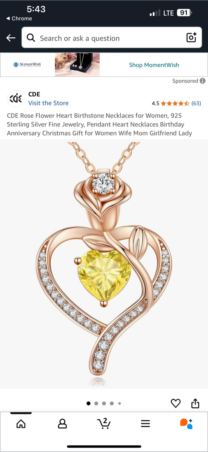 CDE Rose Flower Heart Necklace - Gold/Yellow