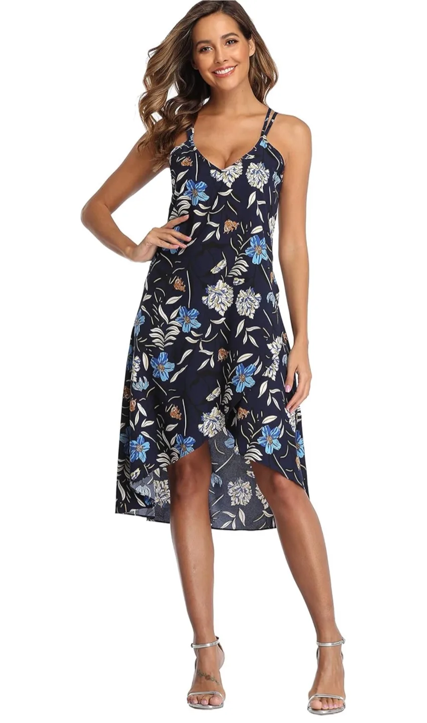 NEW! V Neck Asymmetrical Floral High Low Midi Sundress thumbnail