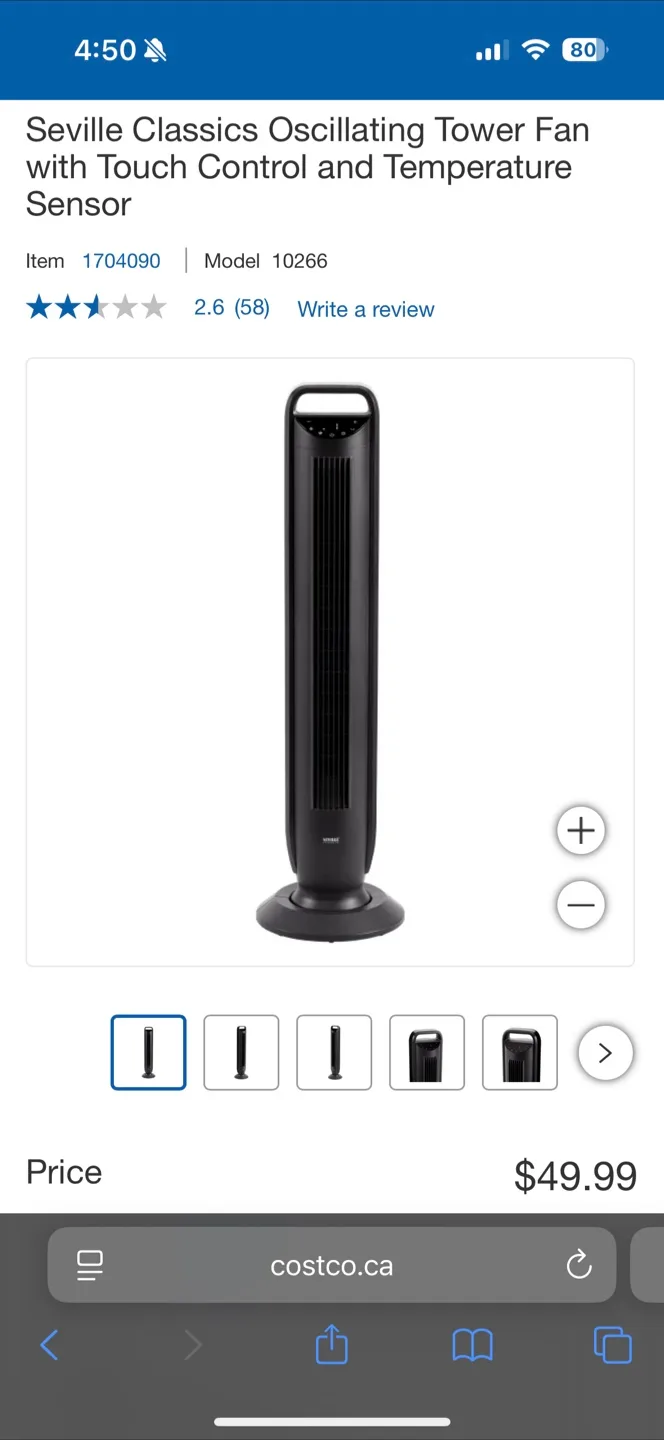 Seville Classics Oscillating Tower Fan - Black thumbnail