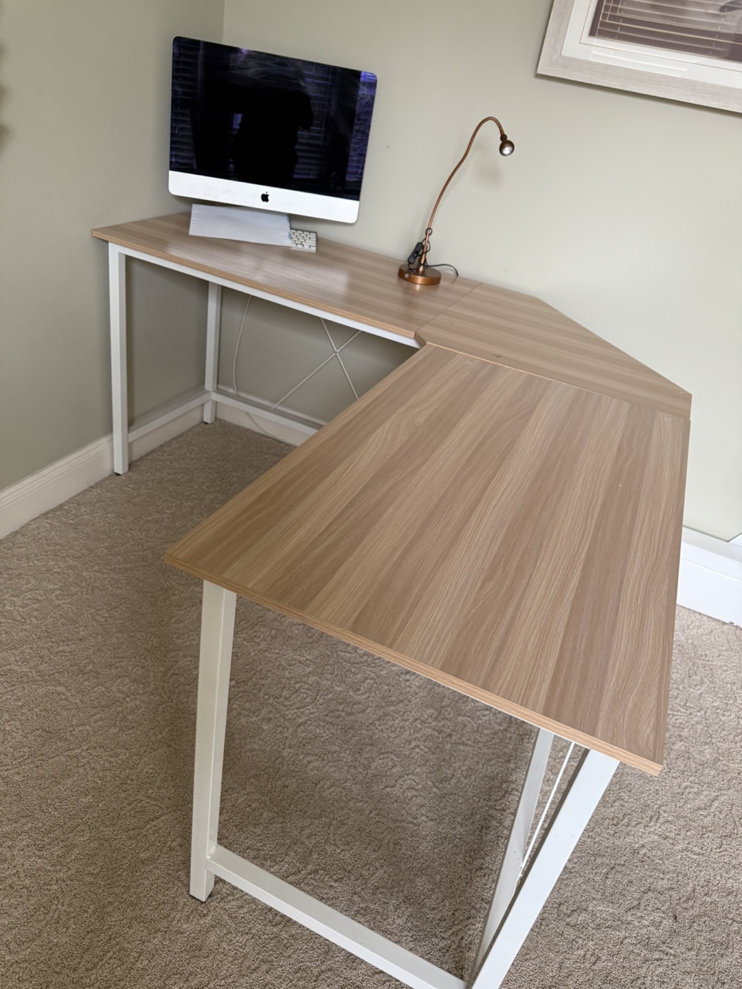 L-Shaped Corner Desk - Light Wood & White Frame