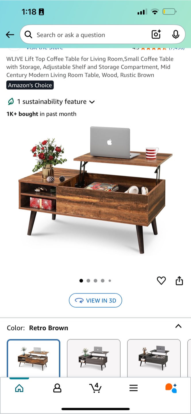WLIVE Lift Top Coffee Table - Retro Brown