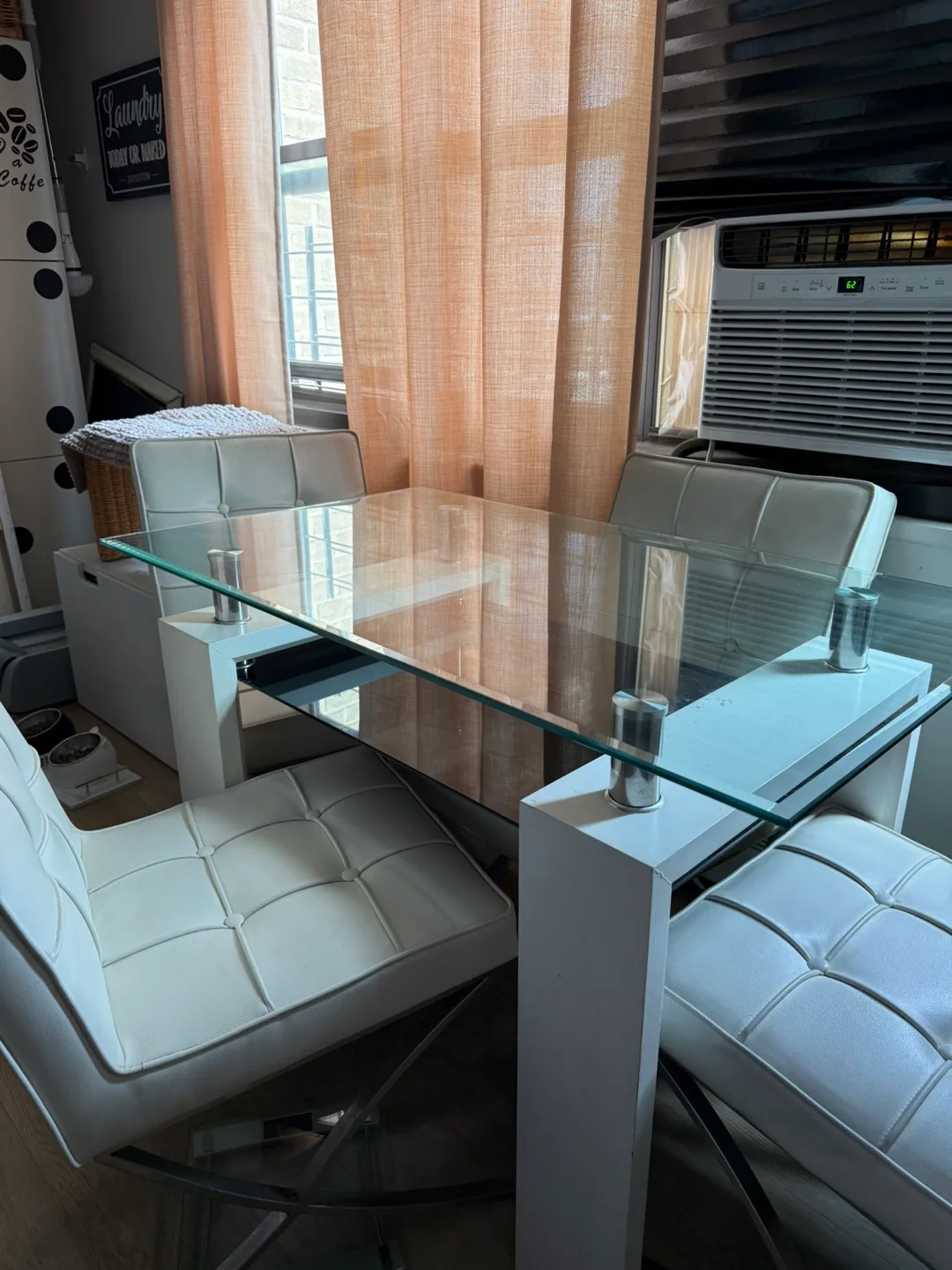 Glass Top Dining Table with 4 White Chairs thumbnail