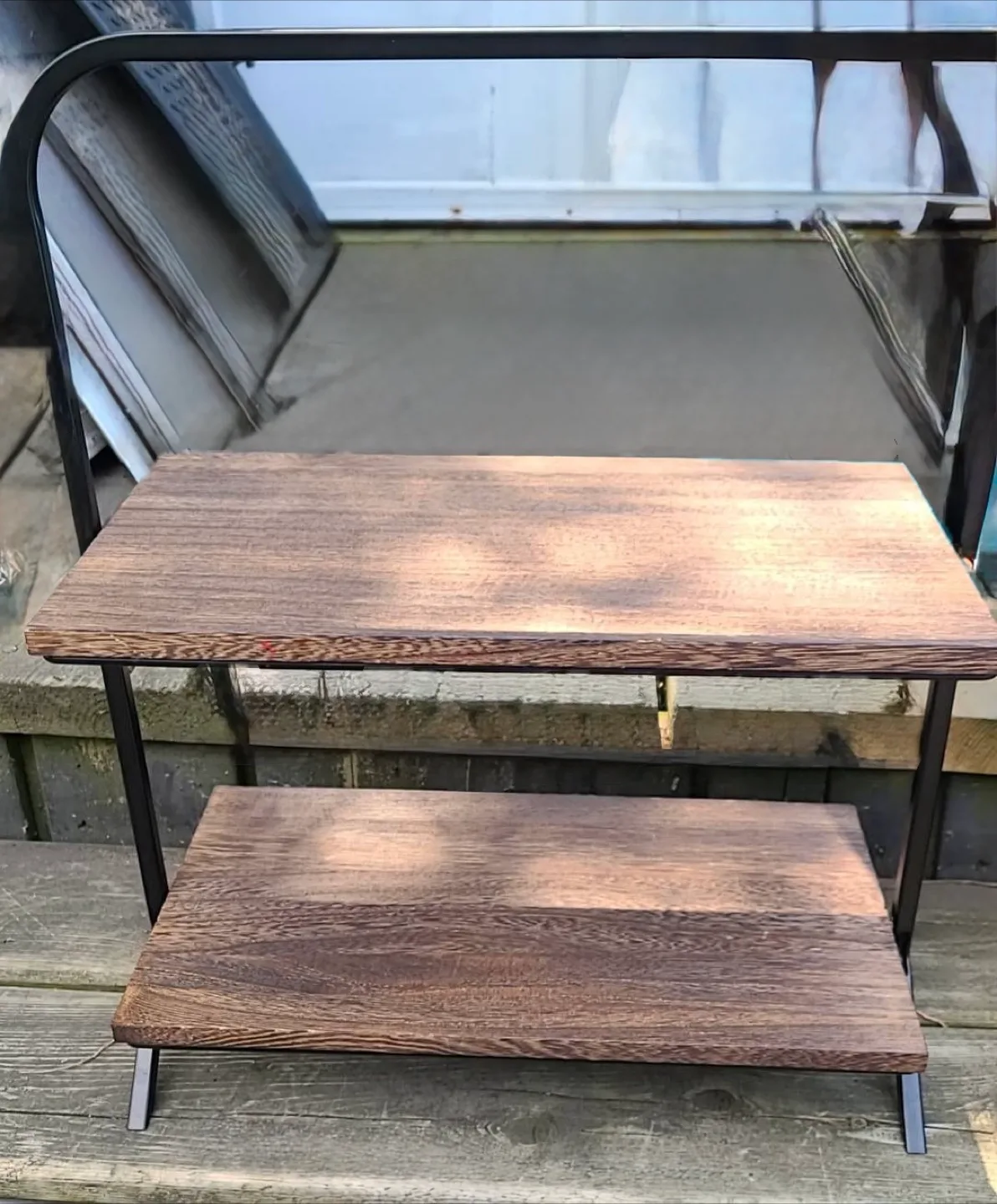 Two-Tier Brown Wood & Black Metal Shelf thumbnail