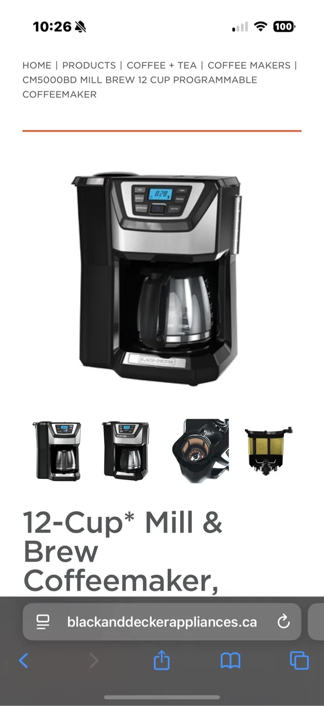 Black+Decker CM5000BD Mill & Brew 12-Cup Coffeemaker thumbnail