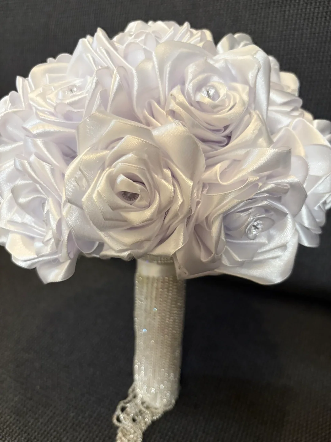 Handmade White Satin Rose Bridal Bouquet thumbnail