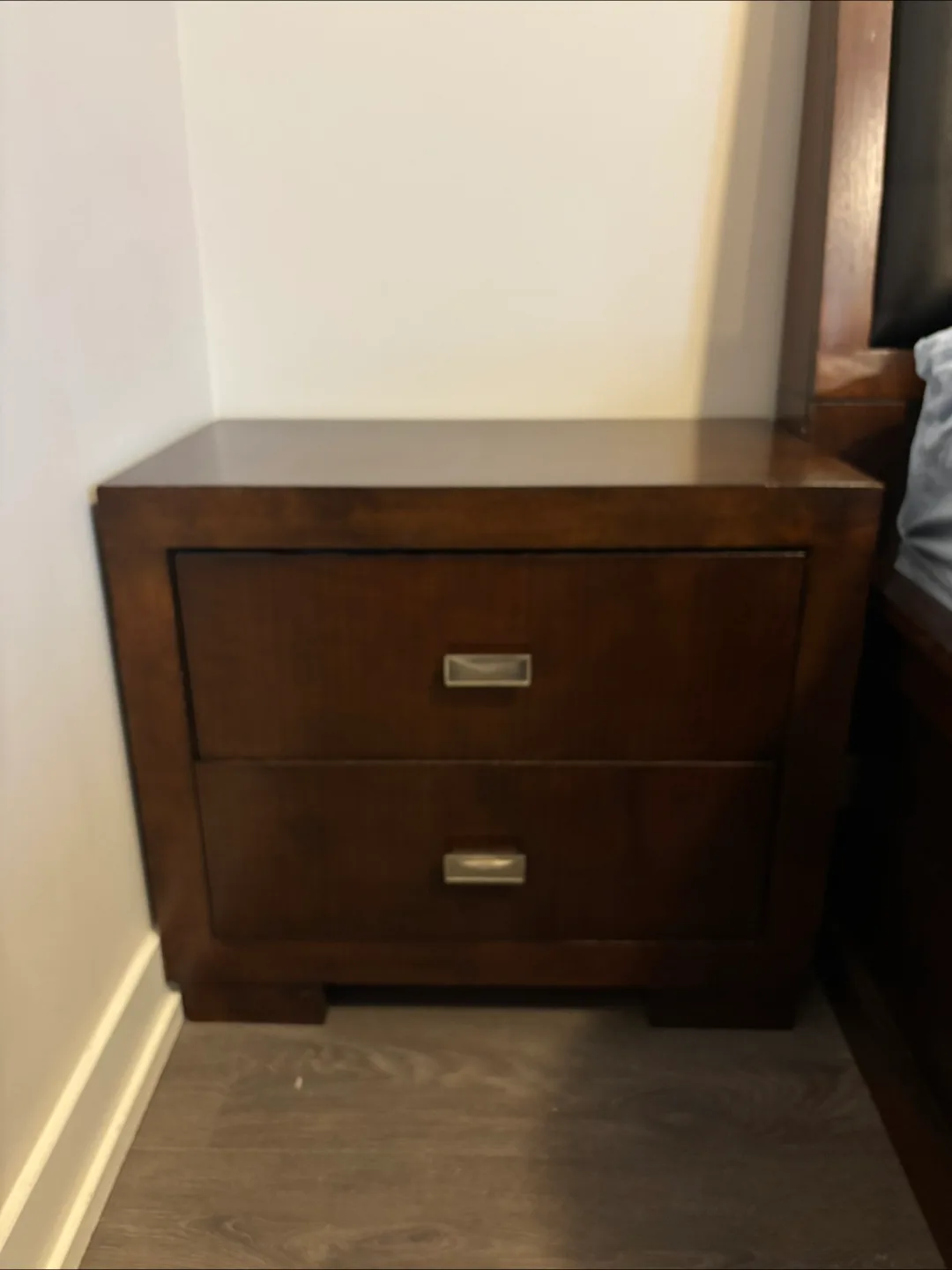 Dark Wood Nightstand with 2 Drawers thumbnail