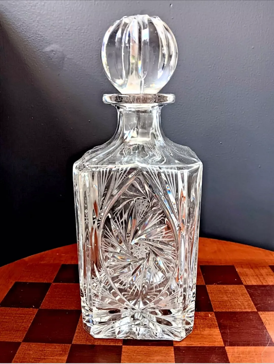 Vtg Bohemian Lead Crystal Decanter Cut Glass Pinwheel & Star thumbnail
