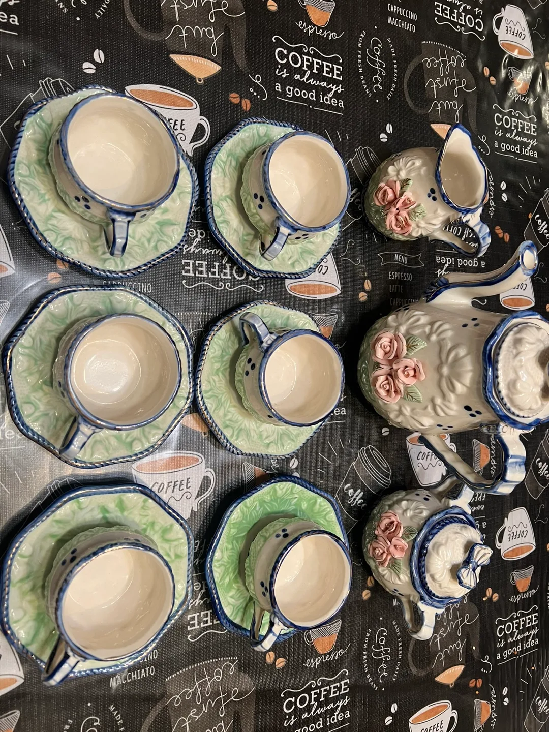 Floral Tea Set - Teapot, Creamer, Sugar Bowl & Cups thumbnail