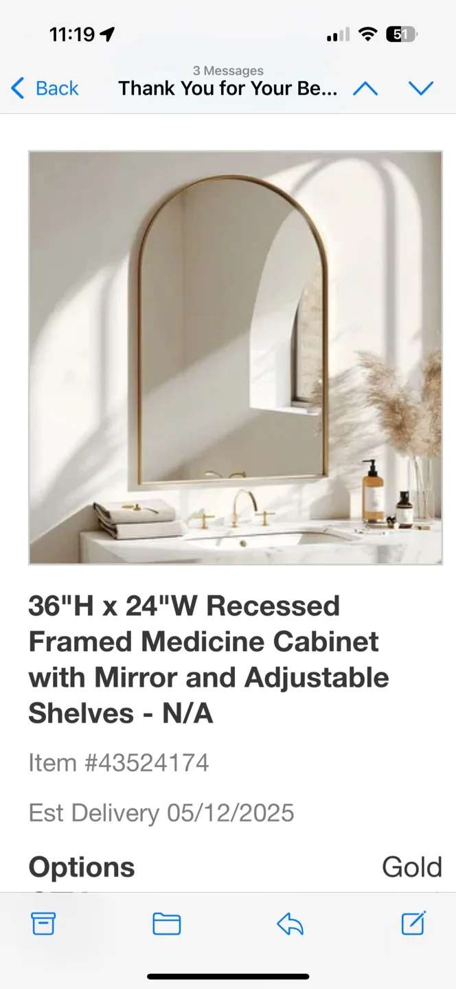 36" x 24" Recessed Framed Medicine Cabinet - Gold thumbnail