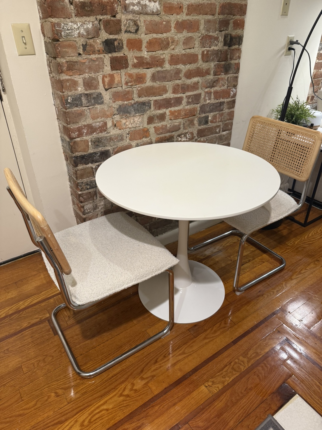 Round White Tulip Table & 2 Cane Back Chairs