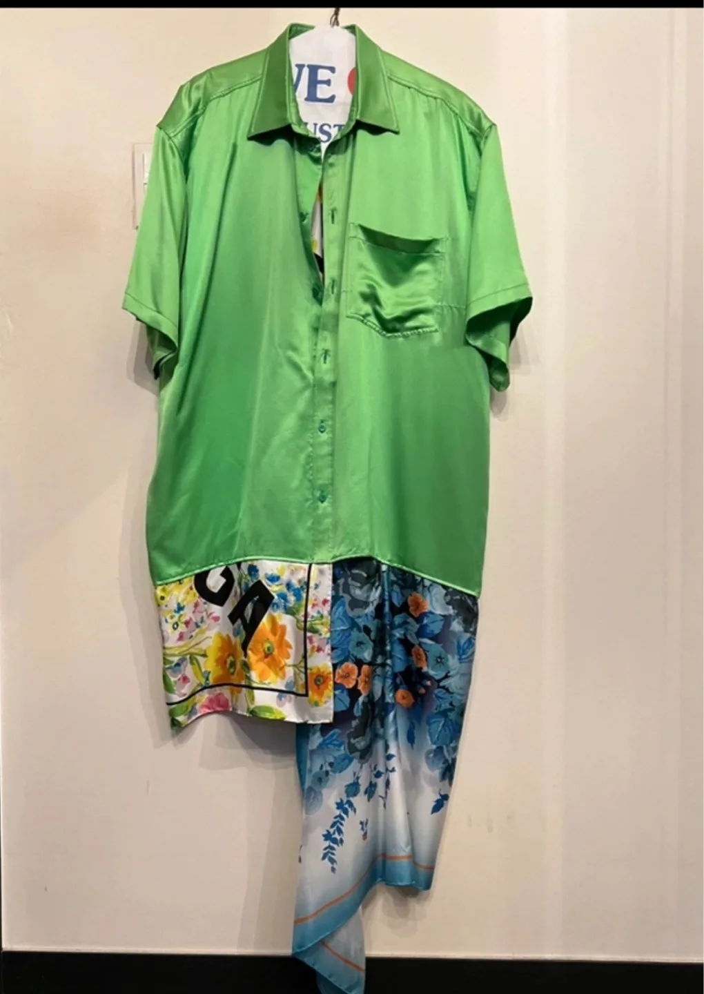 Balenciaga Green Floral-Panel Silk Shirt thumbnail