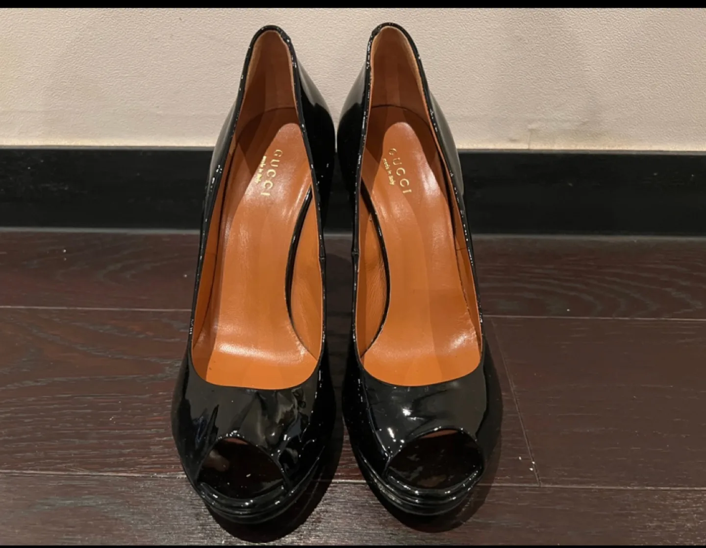 Gucci Black Patent Leather Peep Toe Heels - Size 37 thumbnail