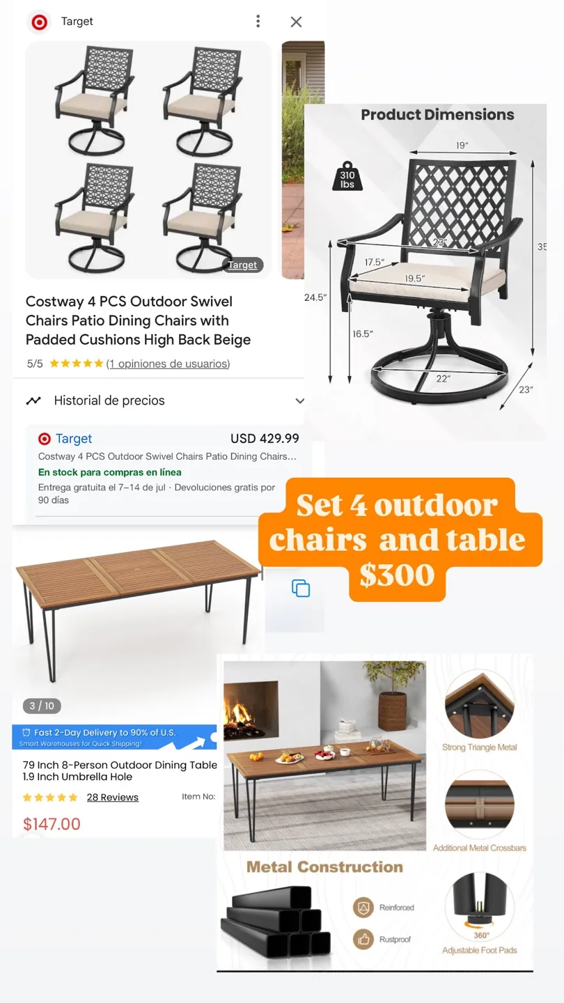 Costway 4 Outdoor Swivel Patio Dining Chairs & Table thumbnail