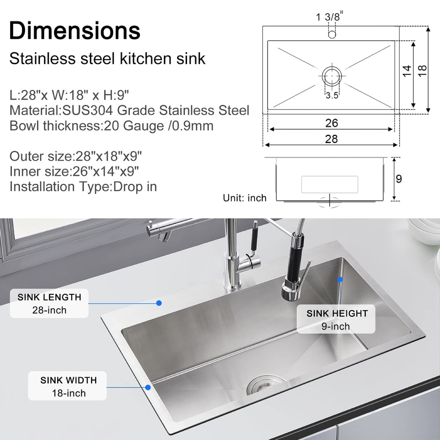 New MENATT 28" Drop-in Kitchen Sink Stainless - photo 3