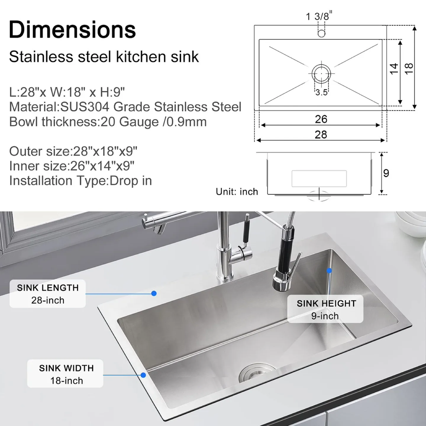 New MENATT 28" Drop-in Kitchen Sink Stainless image indicator(3)