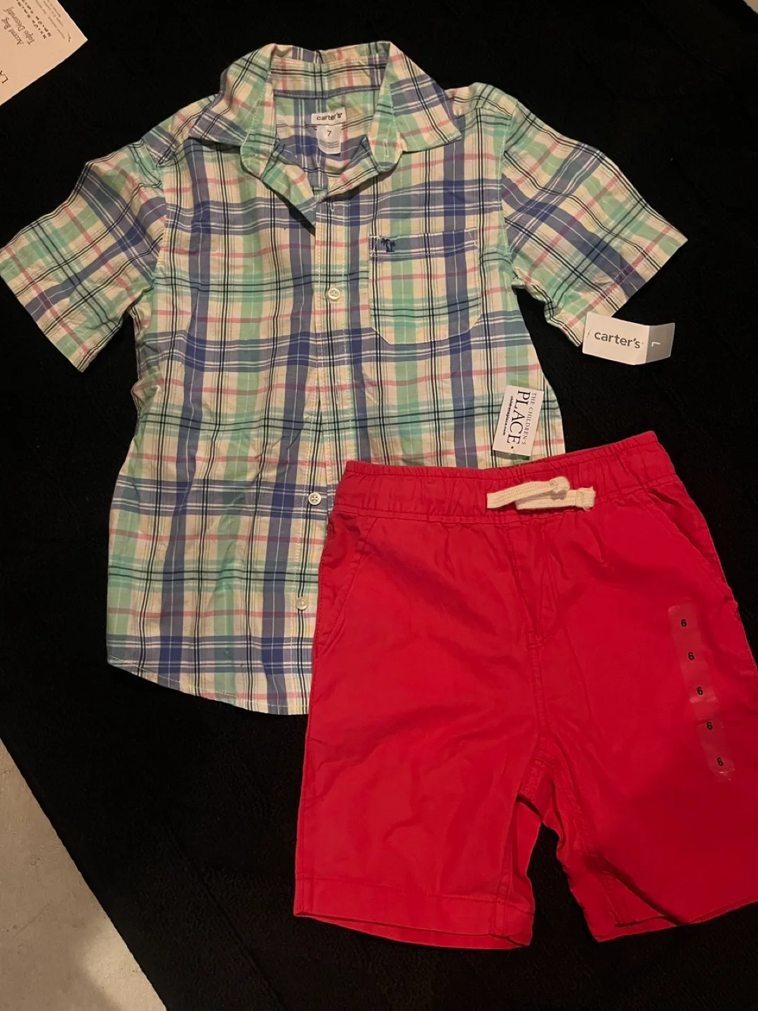 Carter's Plaid Shirt & Children's Place Shorts - Size 7 & 6 thumbnail