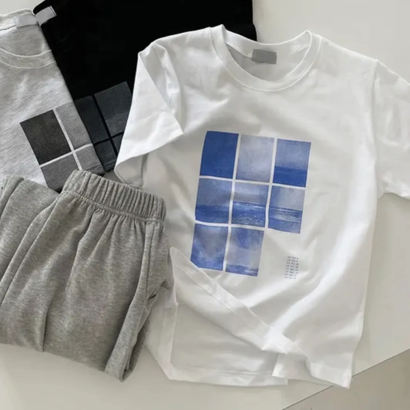 White T-Shirt with Blue Square Design thumbnail