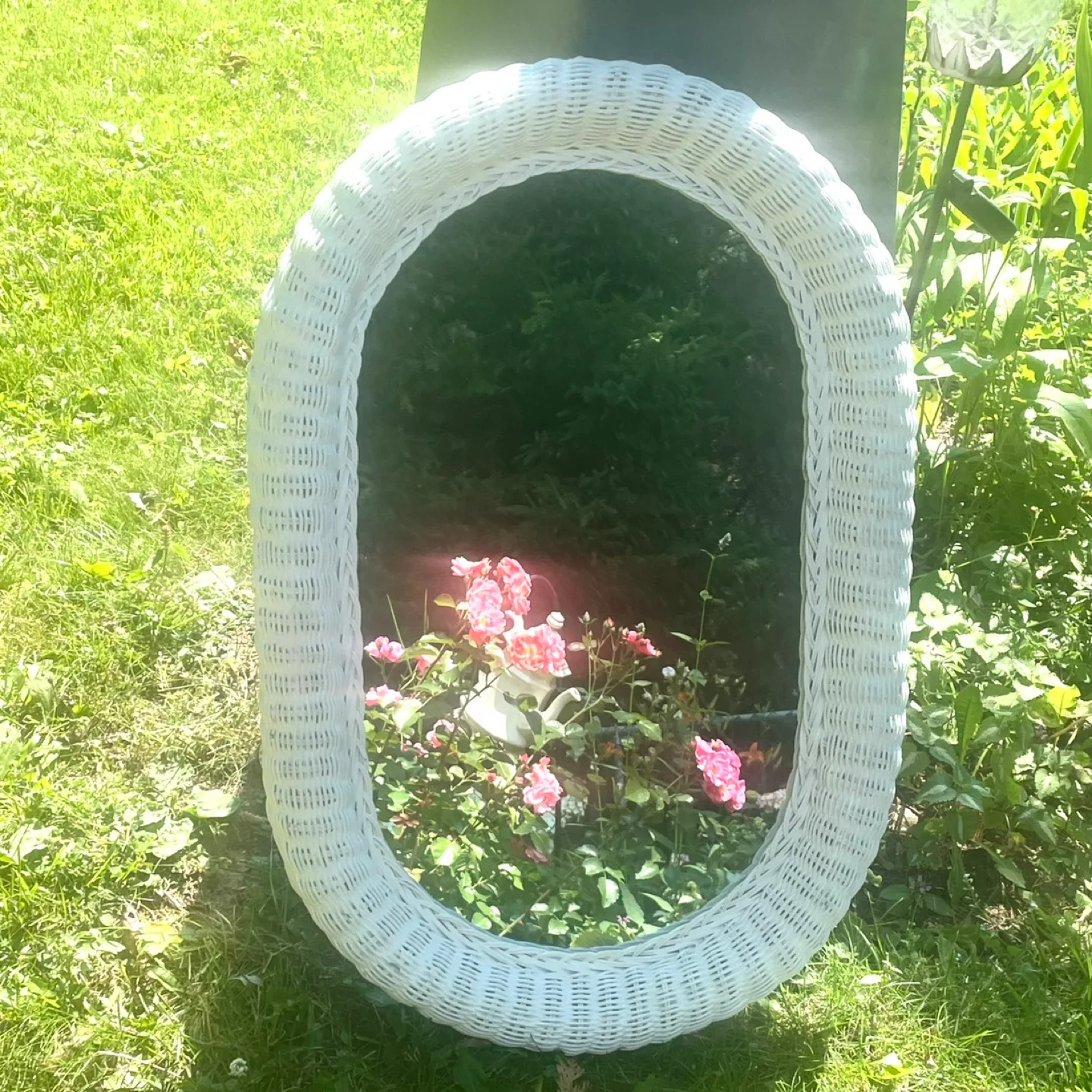 Vintage White Wicker Oval Mirror cottage core thumbnail