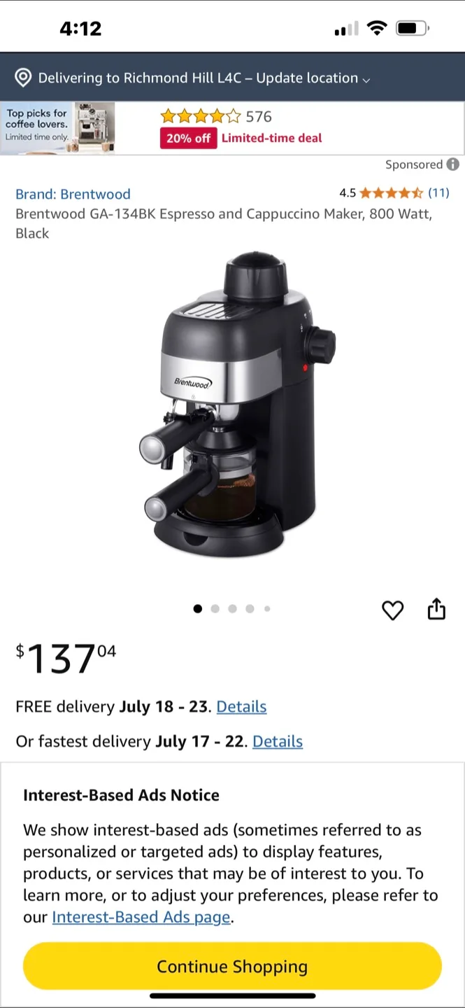 Brentwood GA-134BK Espresso & Cappuccino Maker thumbnail