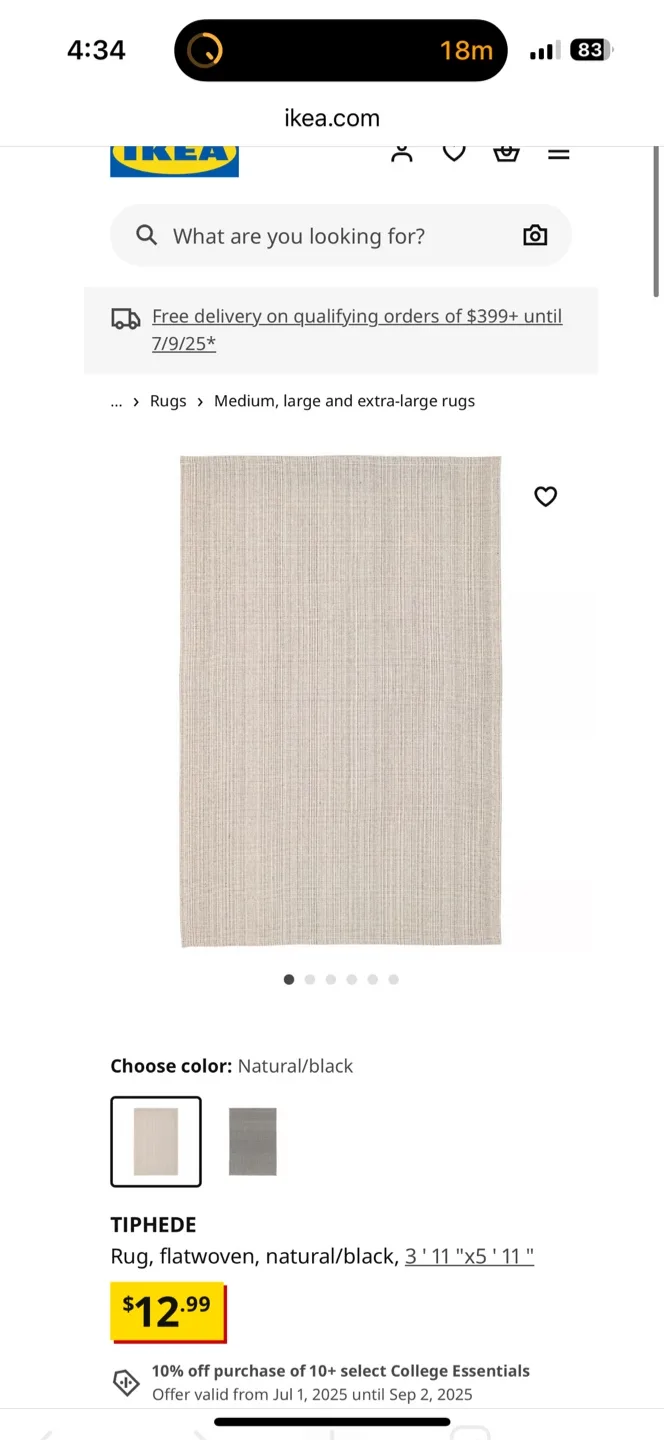 IKEA Tiphede Rug, Flatwoven, Natural/Black, 3'11"x5'11" thumbnail