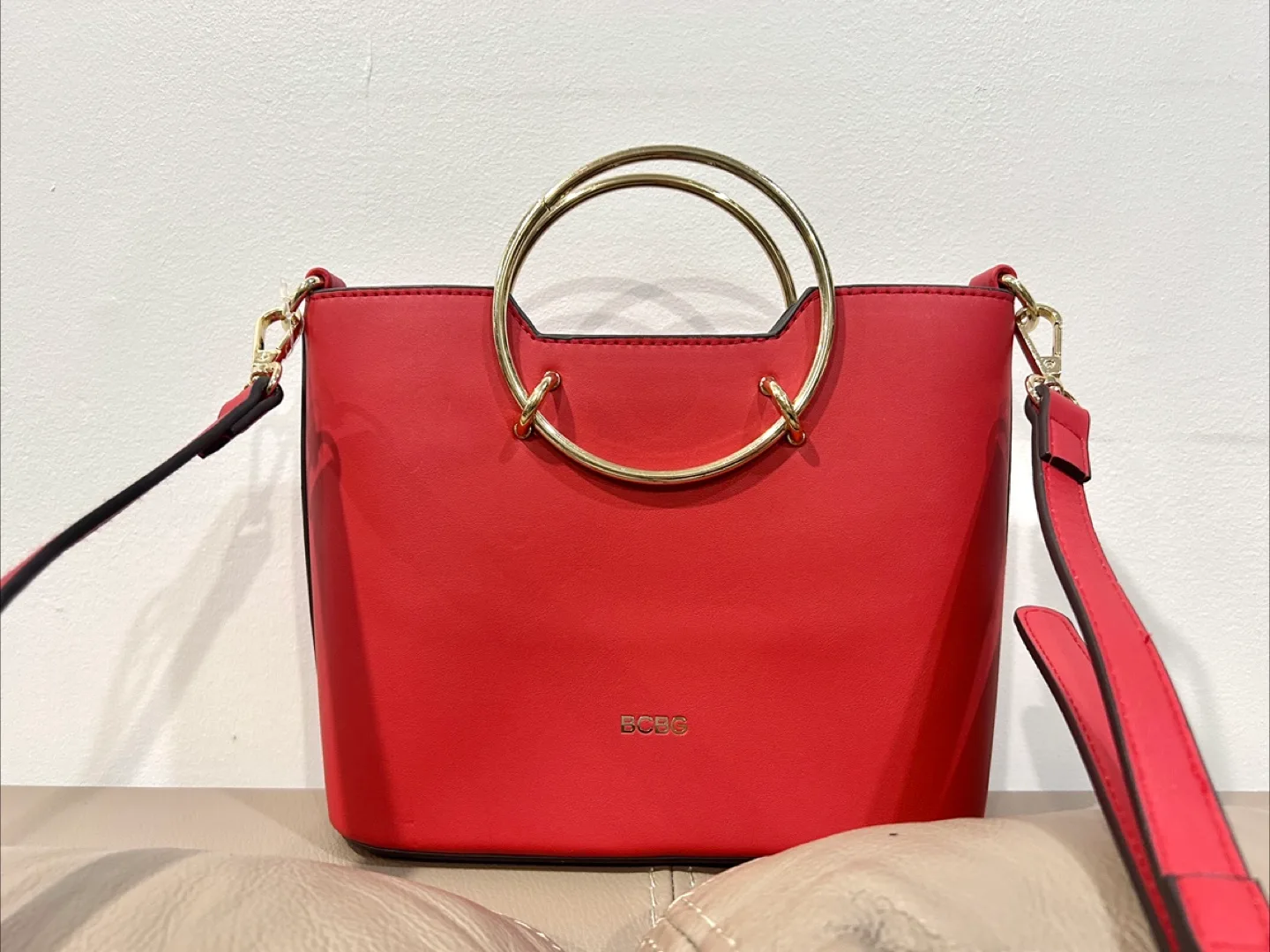 BCBG Red Handbag with Gold Handles thumbnail