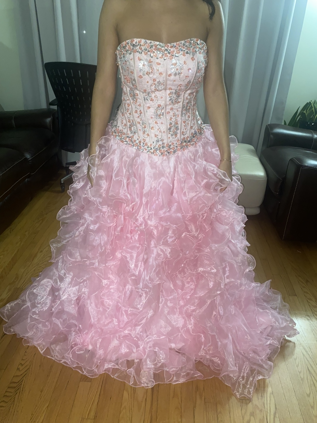 Quinceañera Pink Ruffled Corset Dress