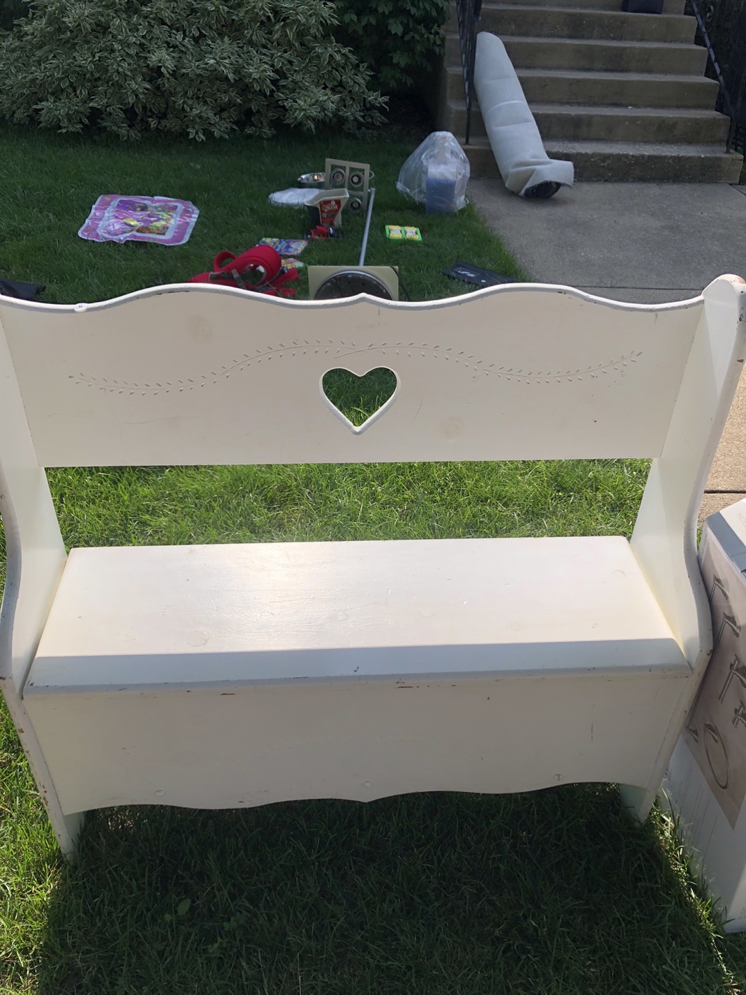 White Wooden Bench with Heart Detail