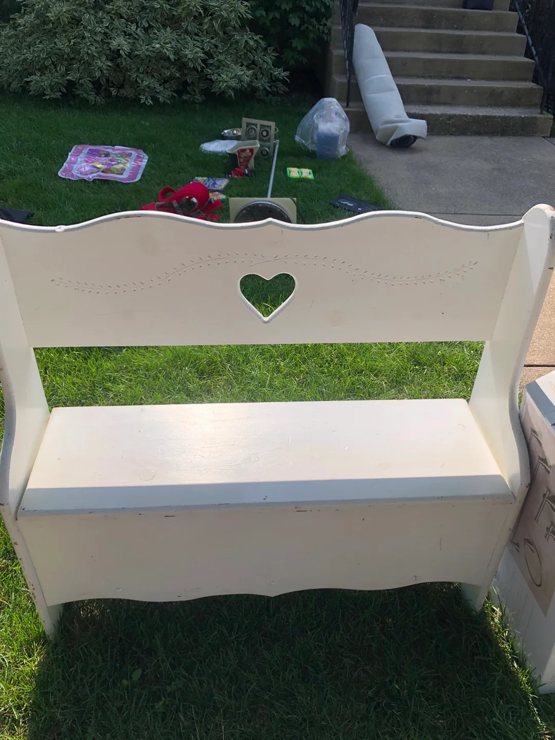 White Wooden Bench with Heart Detail thumbnail